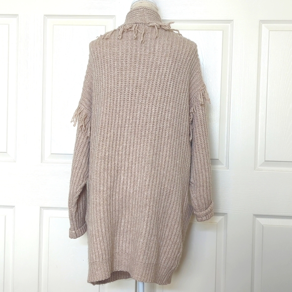 Anthropologie Amanza Fringed Cardigan Sweater Taupe - Picture 5 of 8